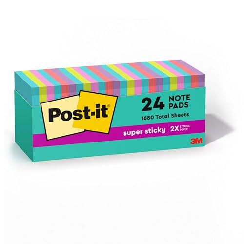Post-it Super Sticky Notes, 3x3 in, 24 Pads, 2x the Sticking Power, Supernova Neons, Bright Colors, Recyclable