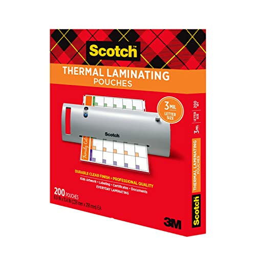Scotch Thermal Laminating Pouches,200 Pack Laminating Sheets,3 Mil,8.9 x 11.4 Inches, Education Supplies & Craft Supplies, For Use With Thermal Laminators, Letter Size Sheets (TP3854-200)