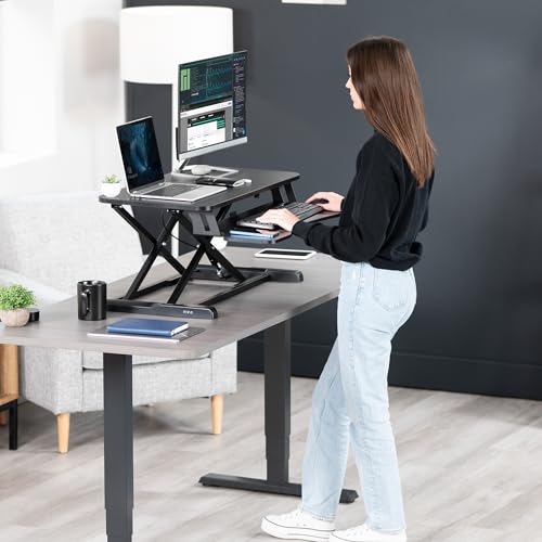 VIVO 32 inch Desk Converter, K Series, Height Adjustable Sit to Stand Riser, Dual Monitor and Laptop Workstation with Wide Keyboard Tray, Black, DESK-V000K