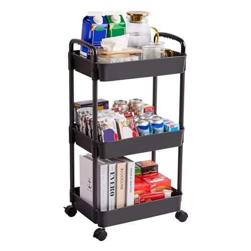 Vtopmart 3 Tier Rolling Cart with Wheels, Detachable Utility Storage Cart with Handle and Lockable Casters, Storage Basket Organizer Shelves, Easy Assemble for Bathroom, Kitchen, Black