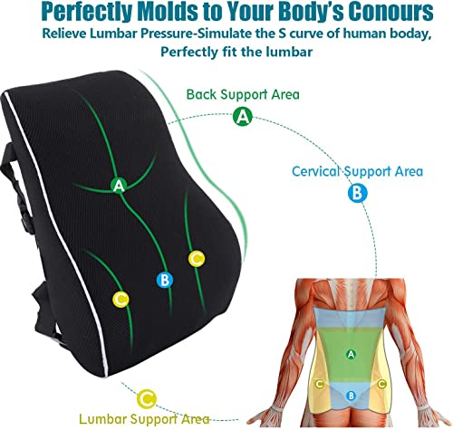 Lumbar Support Pillow for Office Chair Back Support Pillow for Car, Computer, Gaming Chair, Recliner Memory Foam Back Cushion for Pain Relief Improve Posture, Mesh Cover Double Adjustable Straps