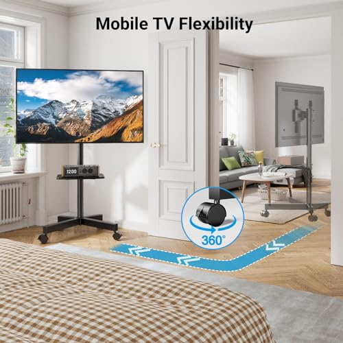 PERLESMITH Mobile TV Stand for 23-60 Inch LCD LED Flat/Curved Panel Screen TVs, Tilt TV Cart Holds up to 88Lbs Portable Stand with Laptop Shelf Rolling Floor Max VESA 400x400mm (PSTVMC06)