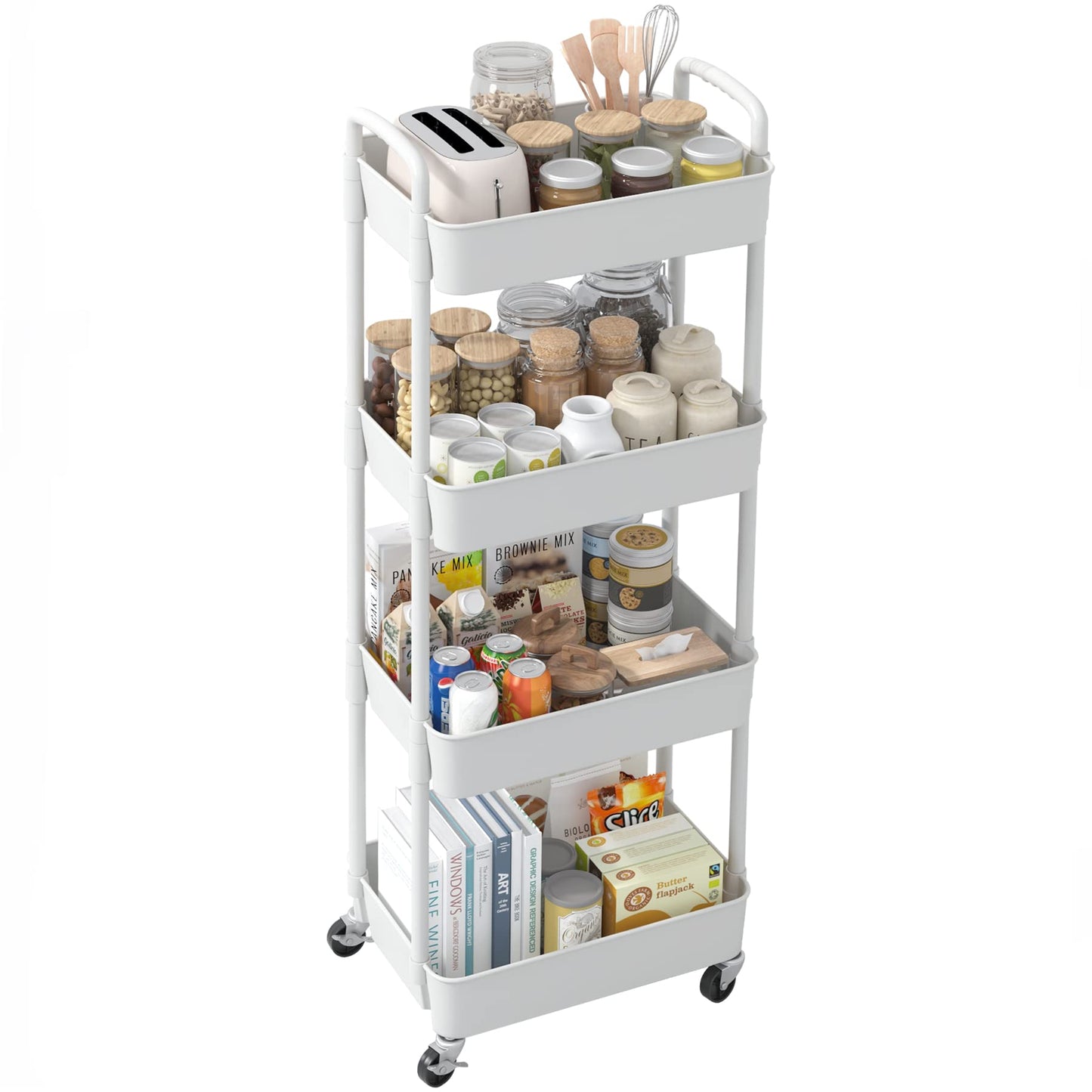 Sywhitta 4-Tier Plastic Rolling Utility Cart with Handle, Multi-Functional Storage Trolley for Office, Living Room, Kitchen, Movable Storage Organizer with Wheels, White