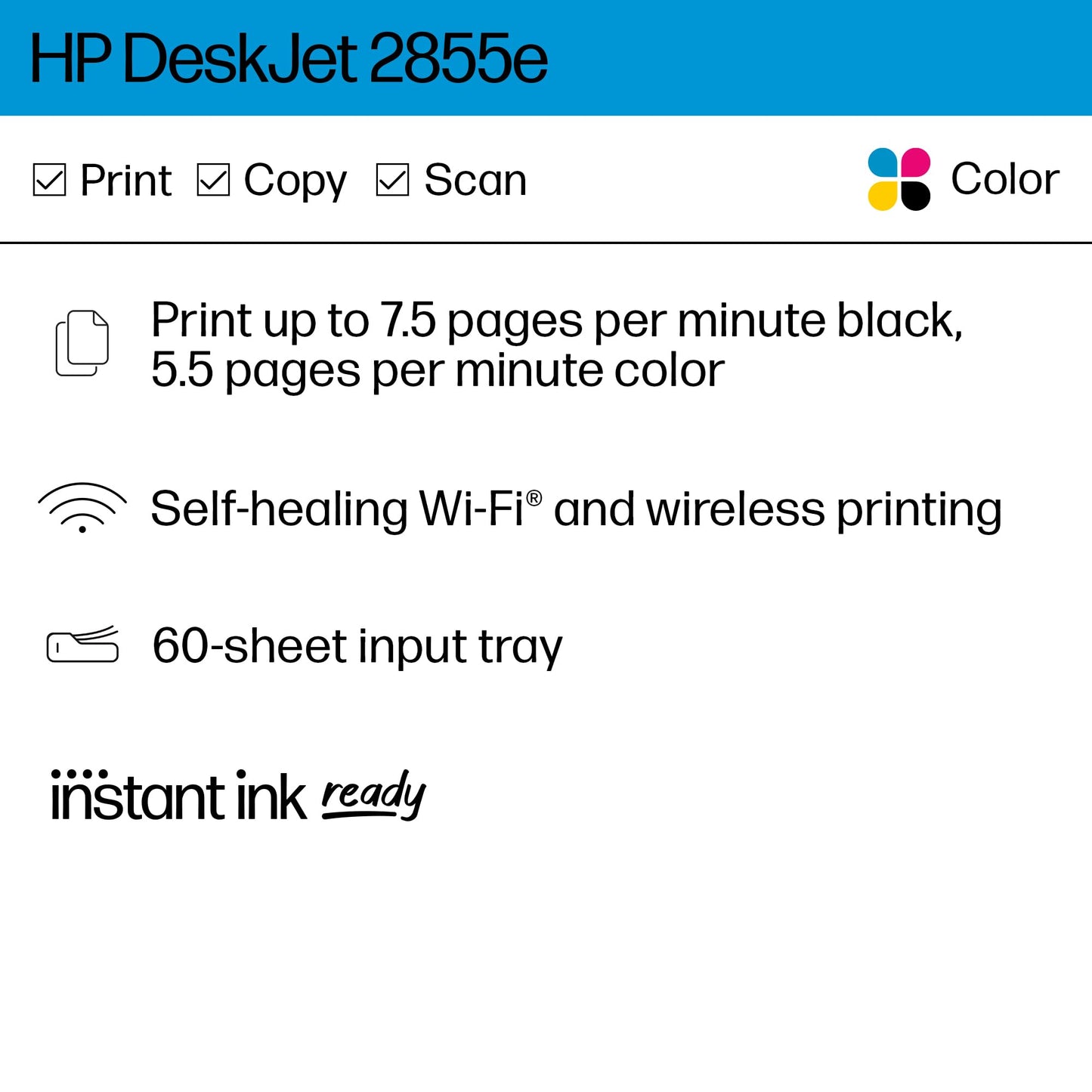 HP DeskJet 2855e Wireless All-in-One Color Inkjet Printer, Scanner, Copier, Best-for-home, 3 months of ink included (588S5A)