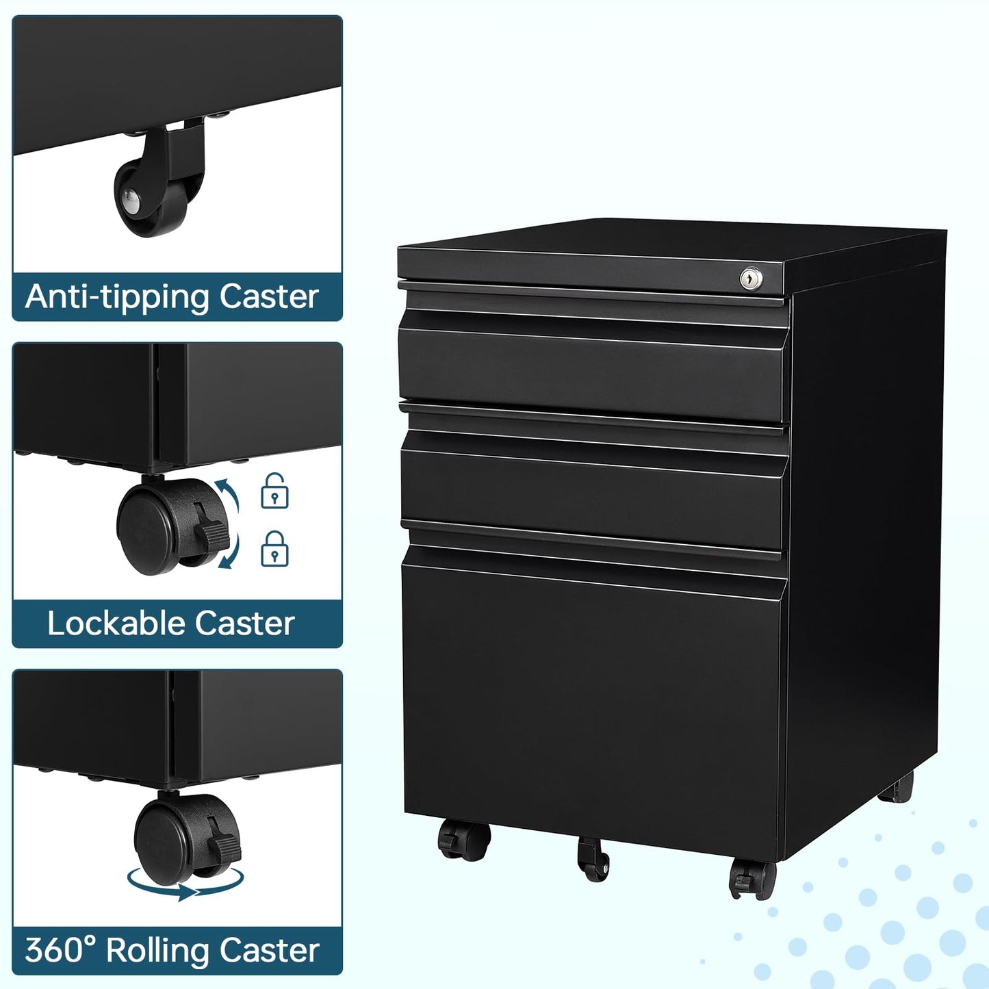 MIIIKO File Cabinet 3 Drawers on Wheels Under Desk, Black Metal Rolling File Cabinets with Lock for Home Office