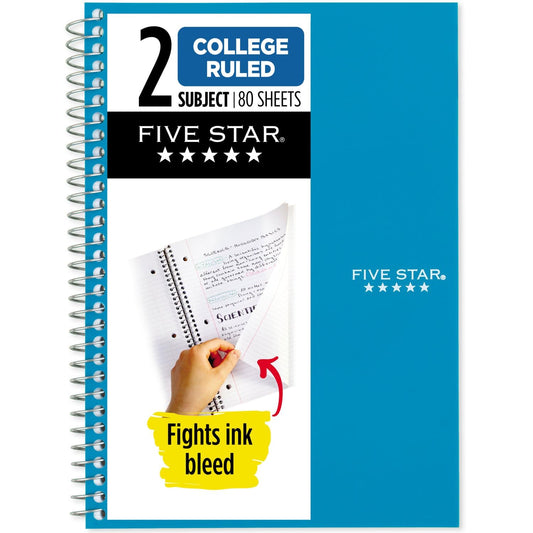 Five Star Spiral Notebook, 2 Subject, College Ruled, 9 1/2" x 6" 80 Sheets, Tidewater Blue (840029CG1-ECM)