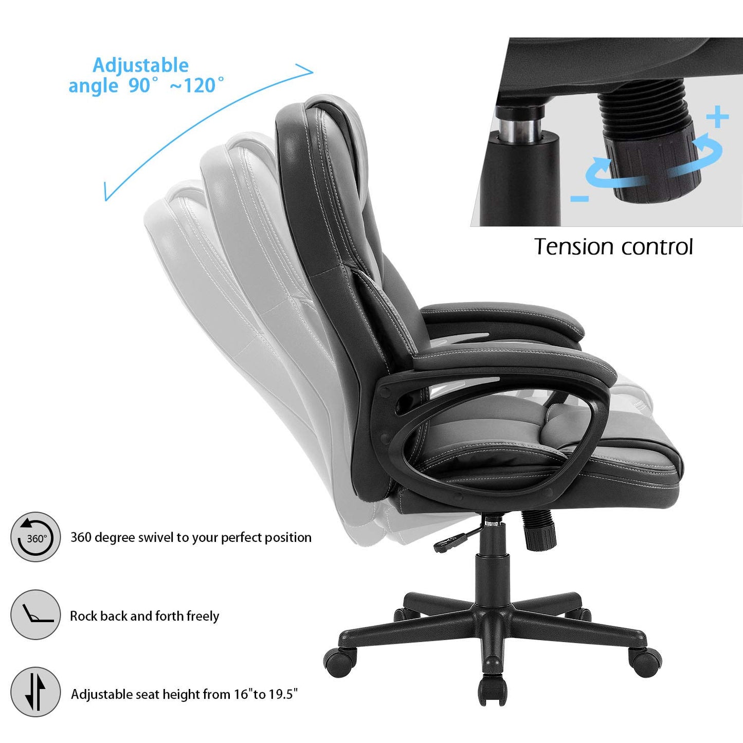Furmax Office Executive Chair High Back Adjustable Managerial Home Desk Chair, Swivel Computer PU Leather Chair with Lumbar Support (Black)