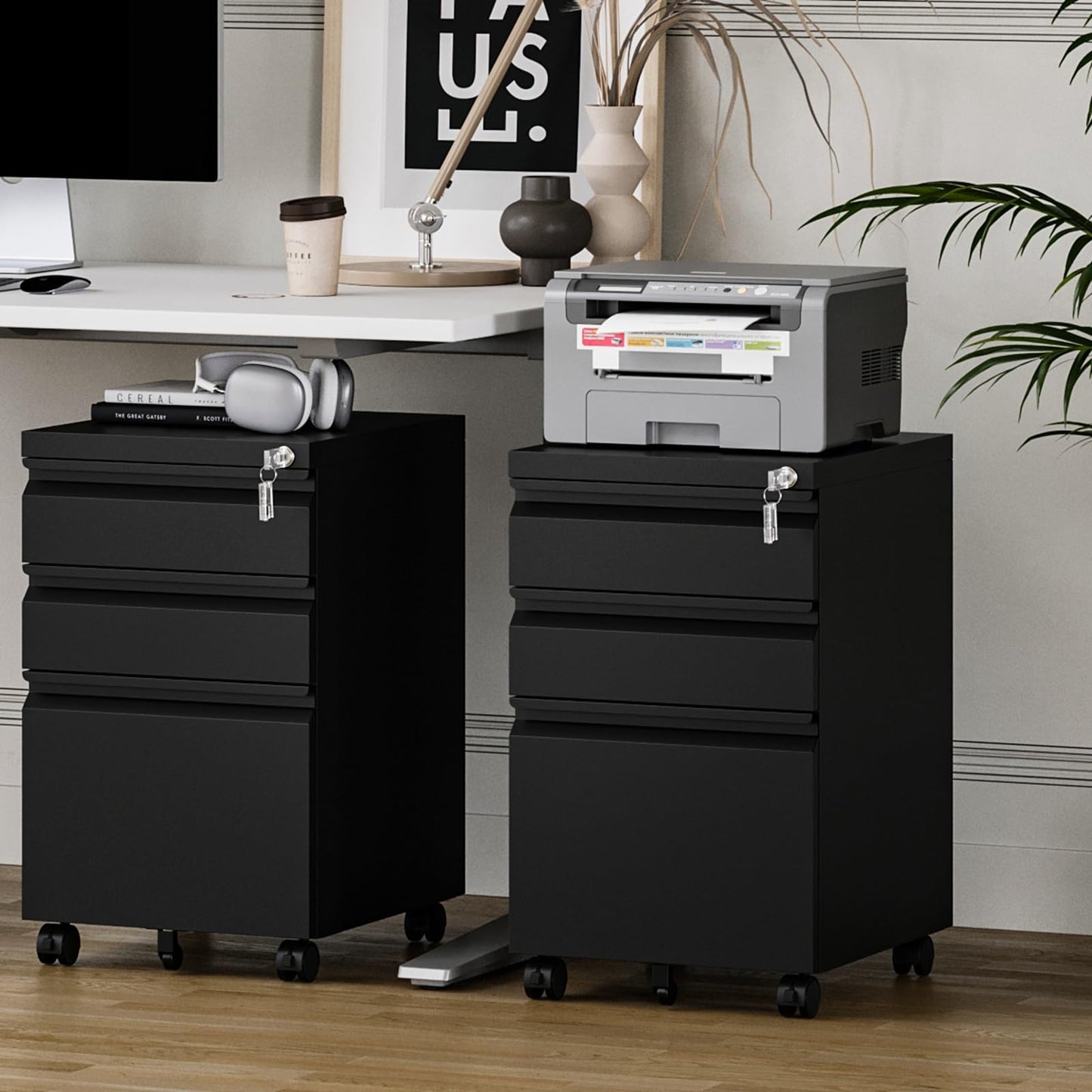 MIIIKO File Cabinet 3 Drawers on Wheels Under Desk, Black Metal Rolling File Cabinets with Lock for Home Office