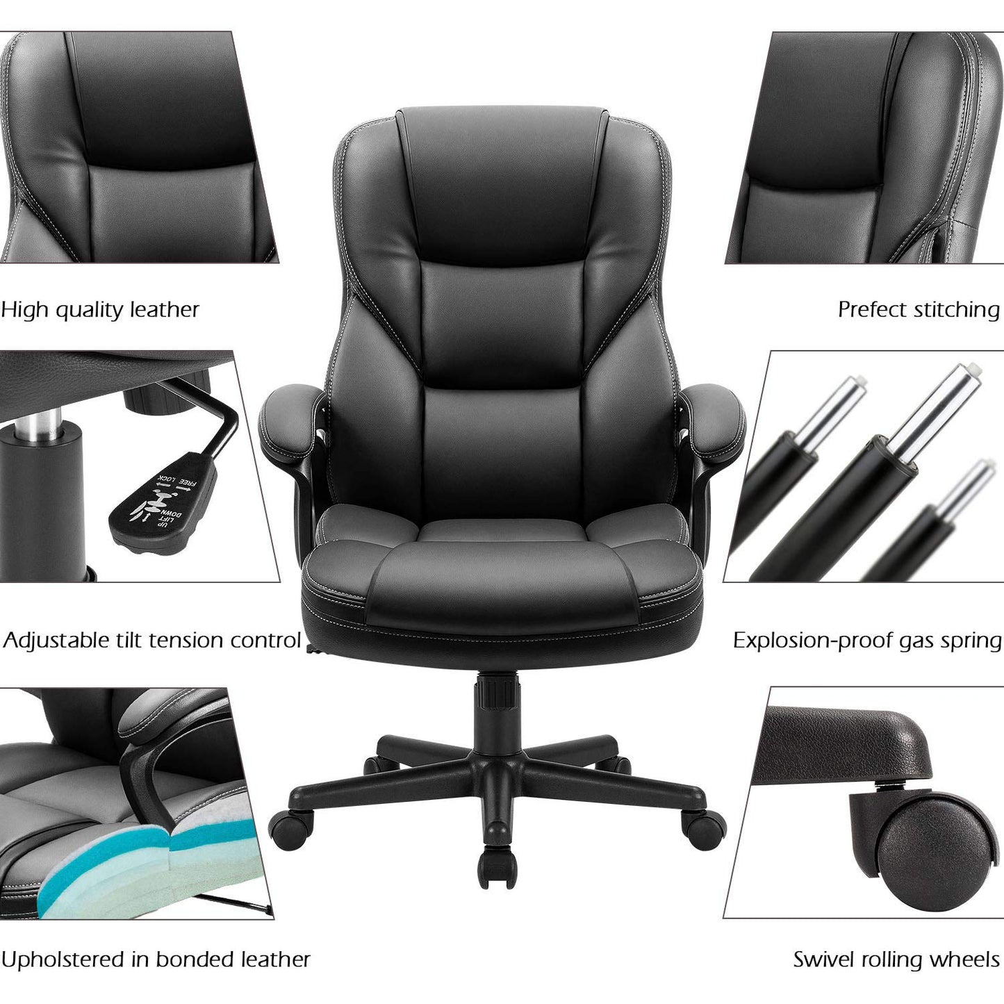 Furmax Office Executive Chair High Back Adjustable Managerial Home Desk Chair, Swivel Computer PU Leather Chair with Lumbar Support (Black)