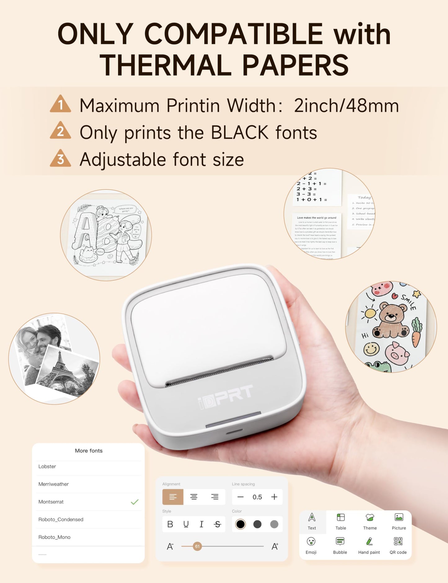 iDPRT Mini Printer with 1 Roll Sticker Paper, Portable Sticker Printer Efficiently and Quickly, Thermal Printer for Study Notes, Pictures, DIY, Label, Free App with Multiple Templates Printer