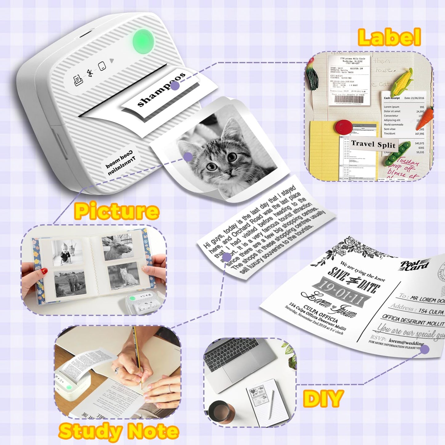Mini Printer with 7 Rolls Sticker Paper, Receipt Sticker Printer Efficiently and Quickly, Receipt Printer for Study Notes, Pictures, DIY, Label, Free App with Multiple Templates-Printer-01