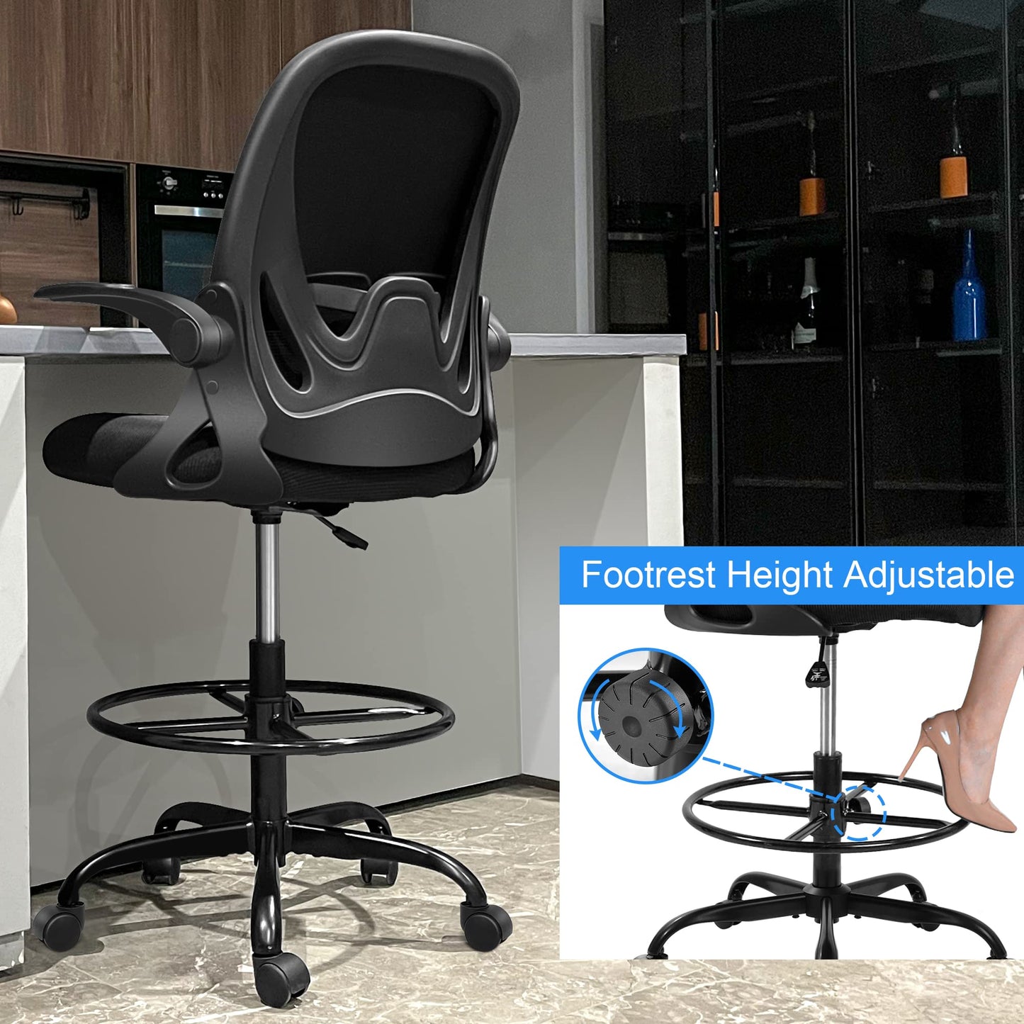 Primy Drafting Chair Tall Office Chair with Flip-up Armrests Executive Ergonomic Computer Standing Desk Chair with Lumbar Support and Adjustable Footrest Ring (Black)