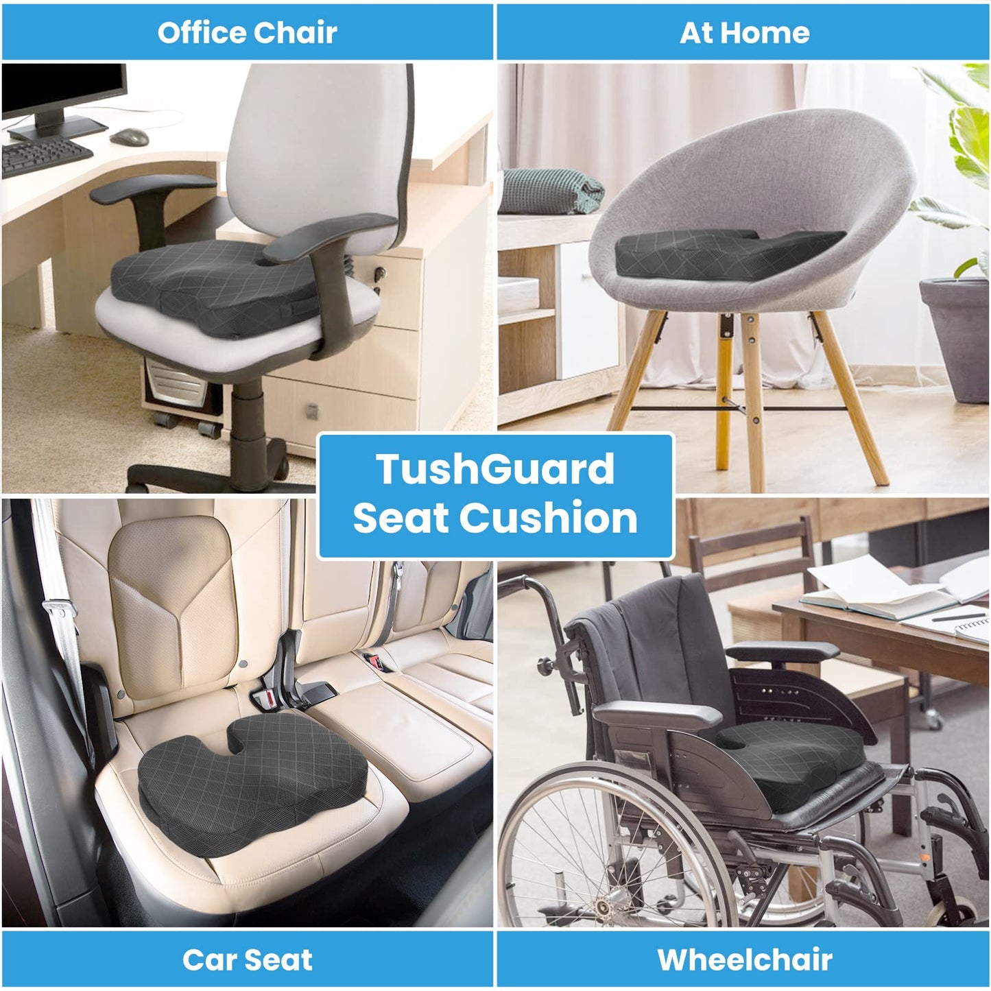 TushGuard Seat Cushion - Memory Foam Cushion for Office Chair, Car Seat, Airplane, Bleacher - Sciatica & Hip & Coccyx Pain Relief Desk Chair Cushion for Long Sitting Office Workers, Car Drivers